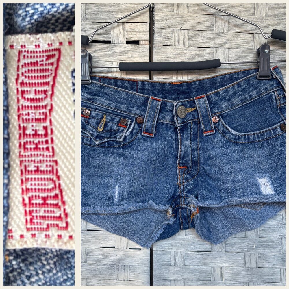 TRUE RELIGION Blue Jean Short Cut Off Raw Hem Daisy Distressed Low Rise 25